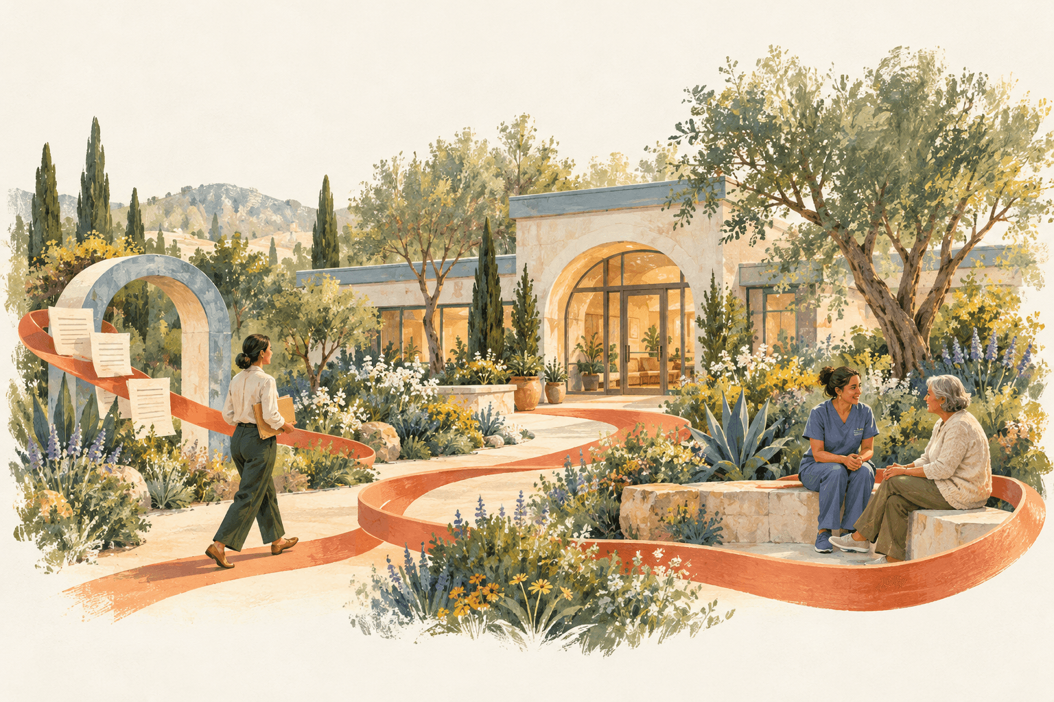 Conceptual painted garden connecting people and coordination around a surgery center.
